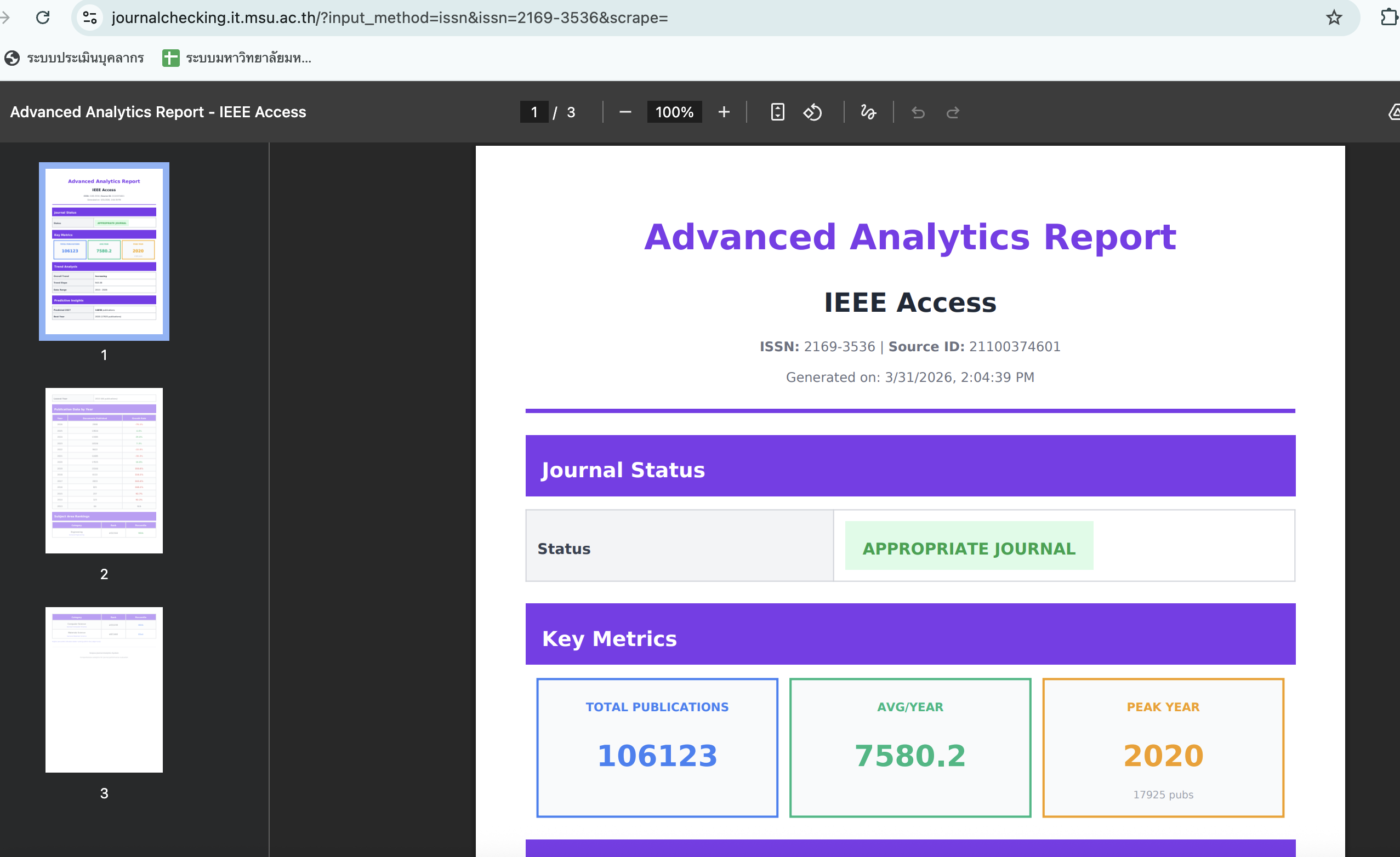 ภาพหน้าจอ: ตัวอย่างผลการตรวจสอบวารสาร Scopus