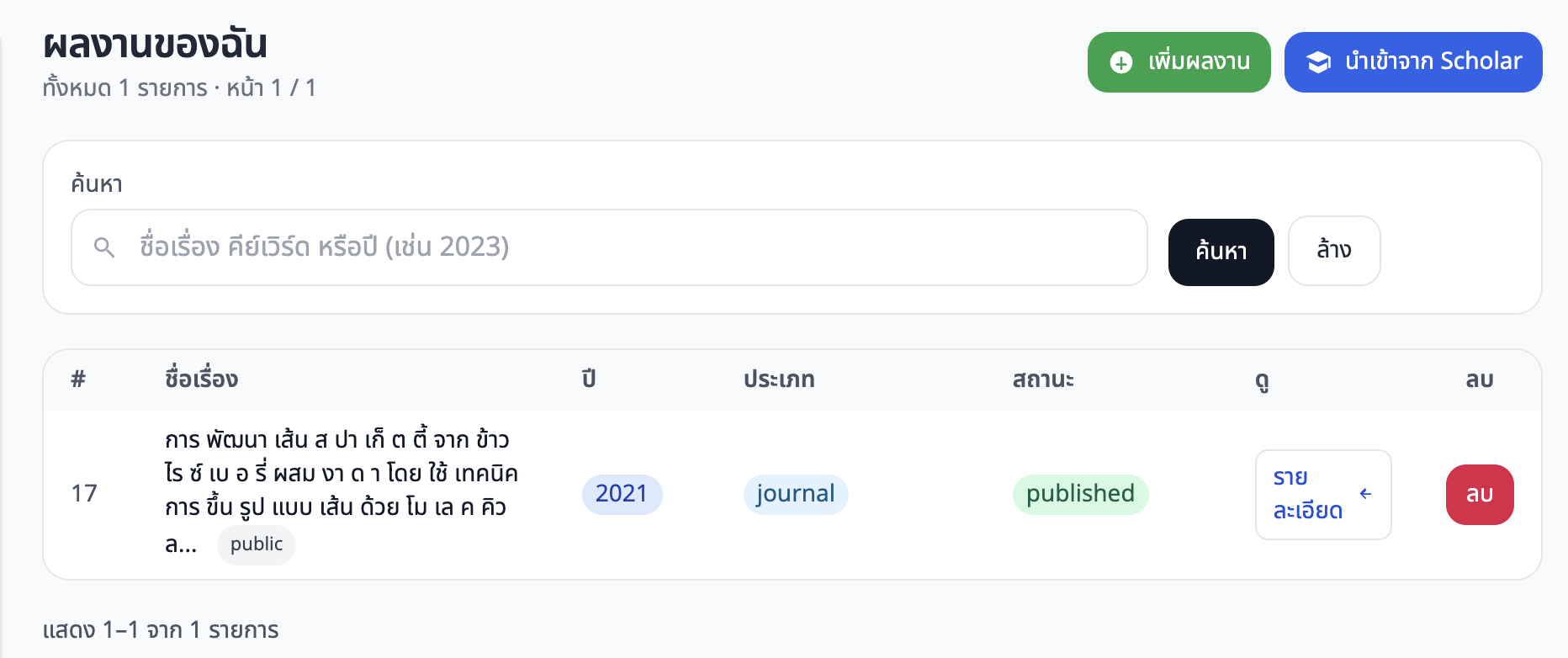 ภาพหน้าจอ: หน้ารายการผลงานวิจัย